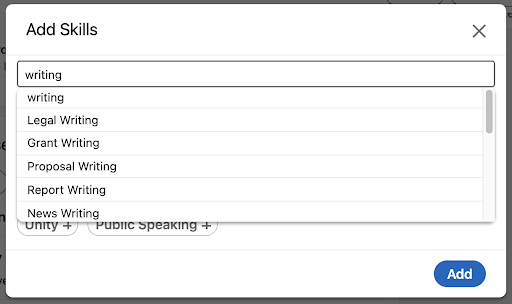 image of the "add a new skill" section in a LinkedIn profile