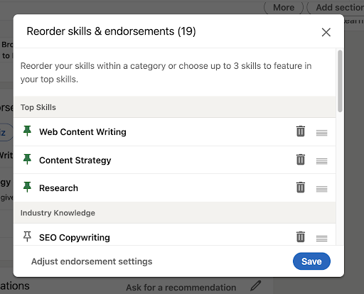 image of the "reorder skills and endorsements" section of a LinkedIn profile