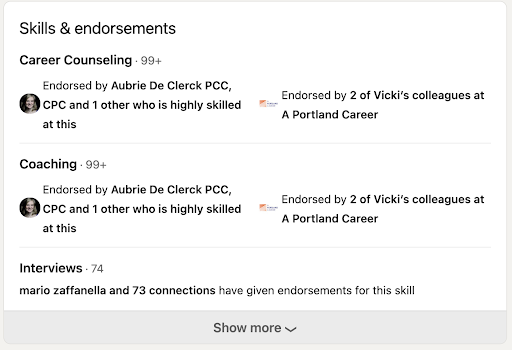 image of a "skills and endorsements" section in Vicki Lind's LinkedIn profile