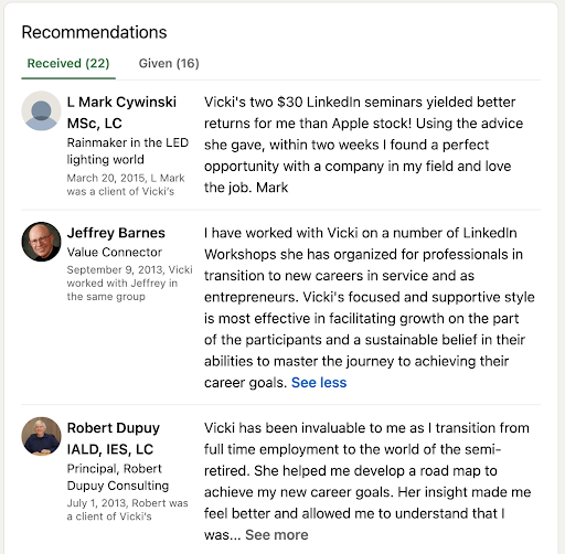 image of "recommendations" section of Vicki Lind's LinkedIn profile