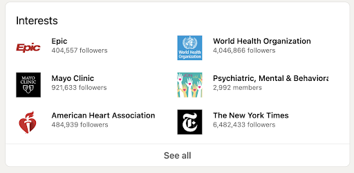 image of "interests" section of a LinkedIn profile