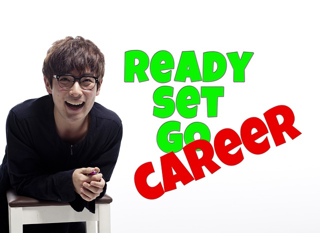 happy young person wearing glasses leaning forward with the colorful words "ready set go career" next to them