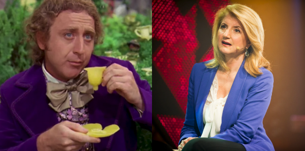 two photos side by side, one of Gene Wilder as Willy Wonka and one of Arianna Huffington