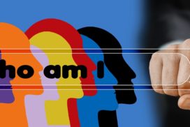 illustration of colorful faces in silhouette with the words "who am I?" and a person pressing an internet search button