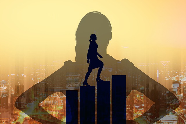 illustration of a woman in silhouette climbing upward on a bar graph on a cityscape background