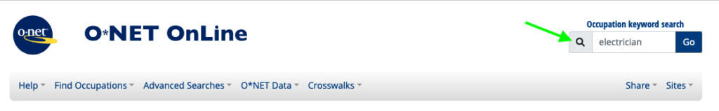 Screenshot of O*NET search bar