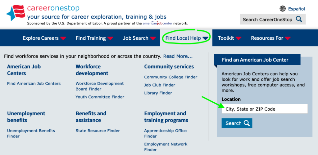 screenshot of local search on CareerOneStop website