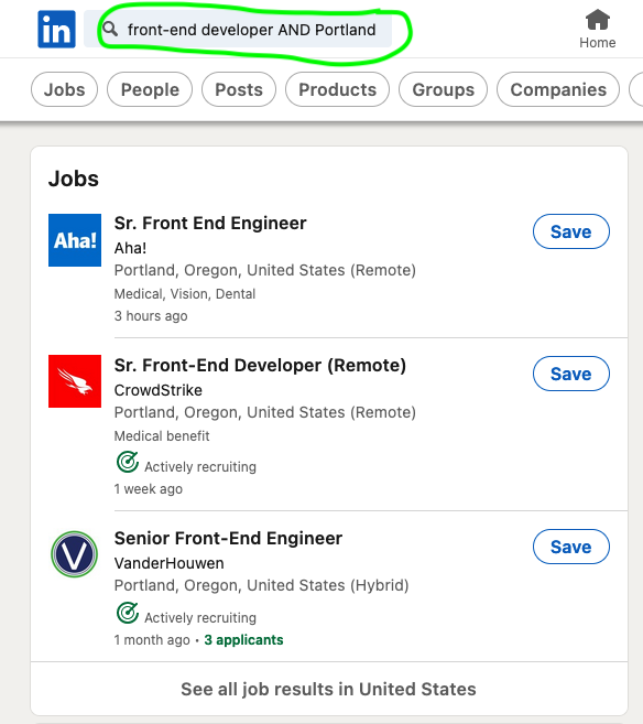 screenshot of a LinkedIn job search in Portland, Oregon
