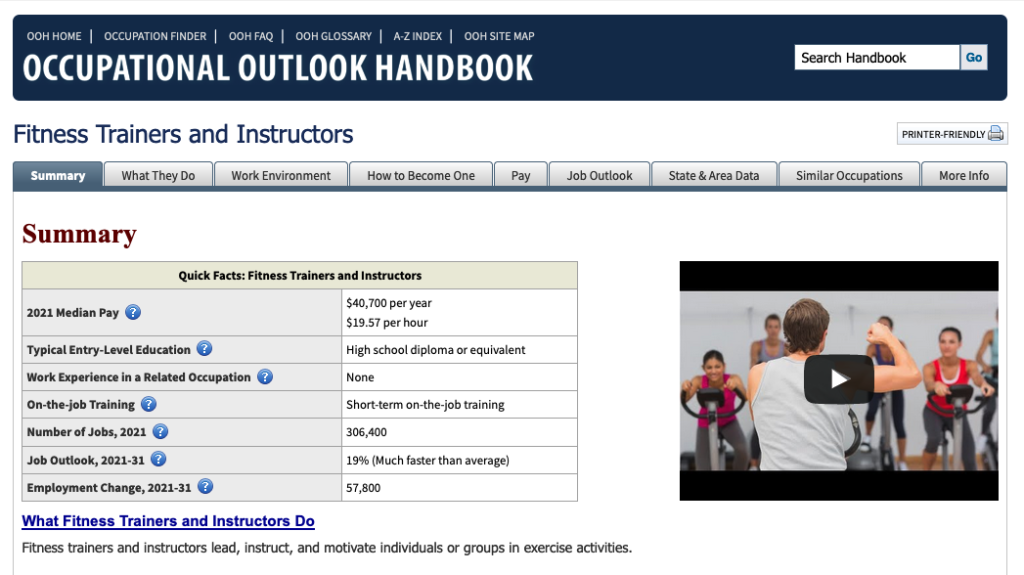 screenshot of Bureau of Labor Statistics fitness jobs search