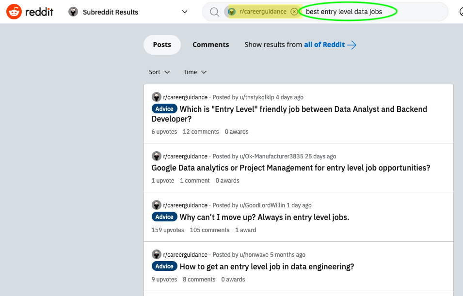 screenshot of Career Guidance subreddit search field