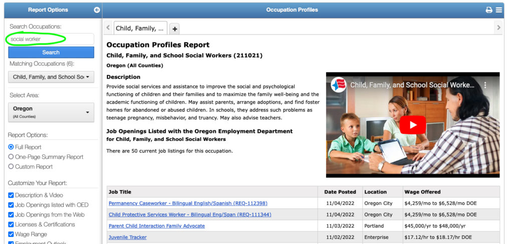 screenshot of occupation search on the Oregon Department of Labor website
