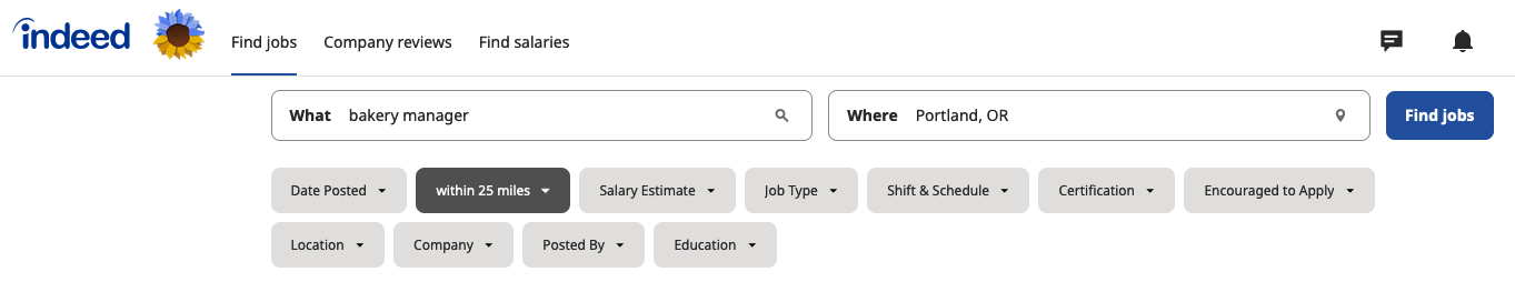 indeed job filters for a bakery job
