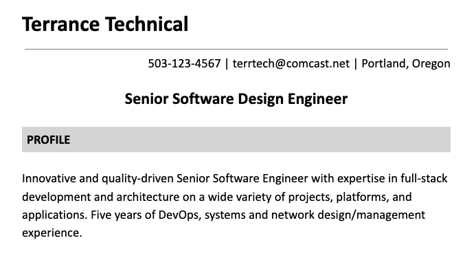 Terrance Technical's resume profile