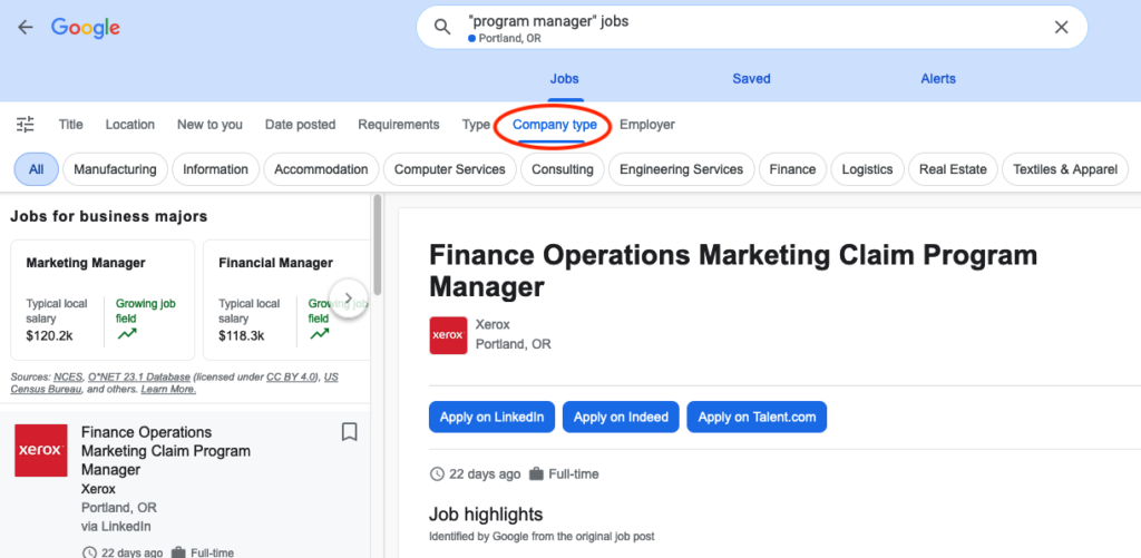 google jobs search with "company type" filter selected