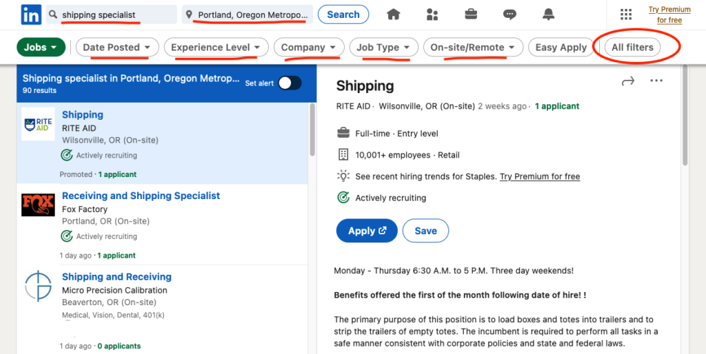 a screenshot of LinkedIn's job search function with filters highlighted