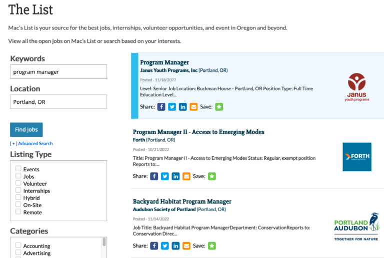 screenshot of job board at MacsList.Com