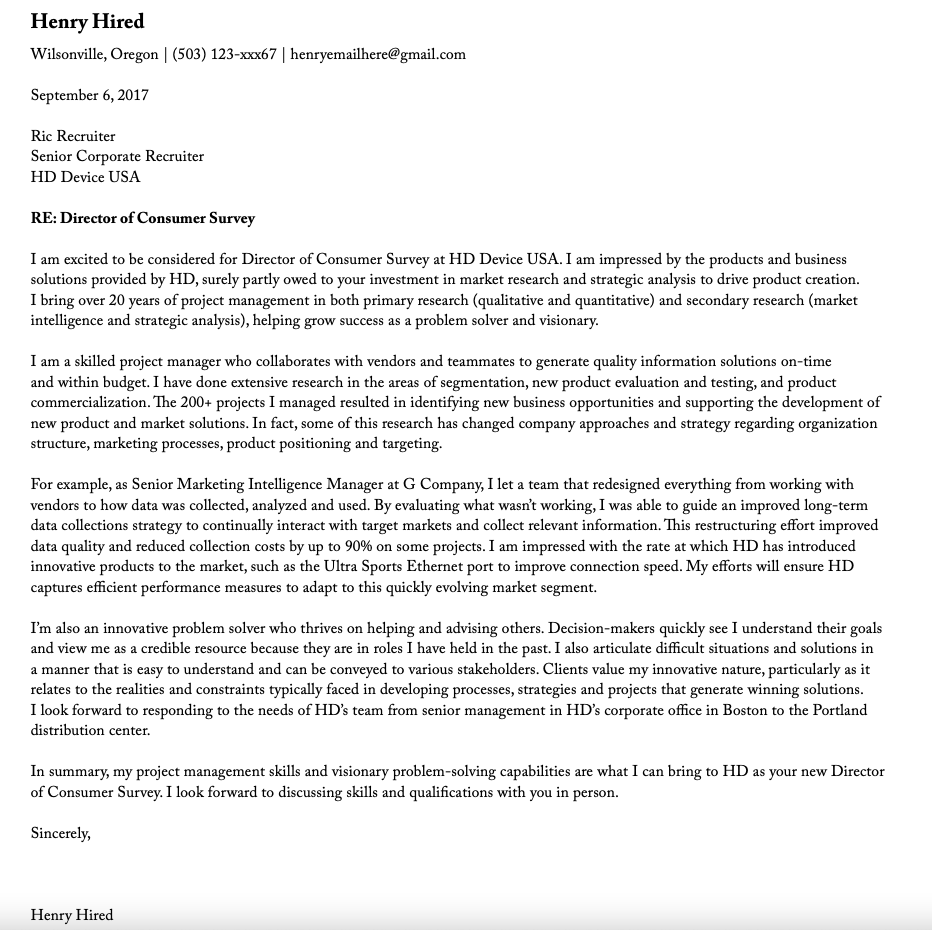 Henry Hired's cover letter