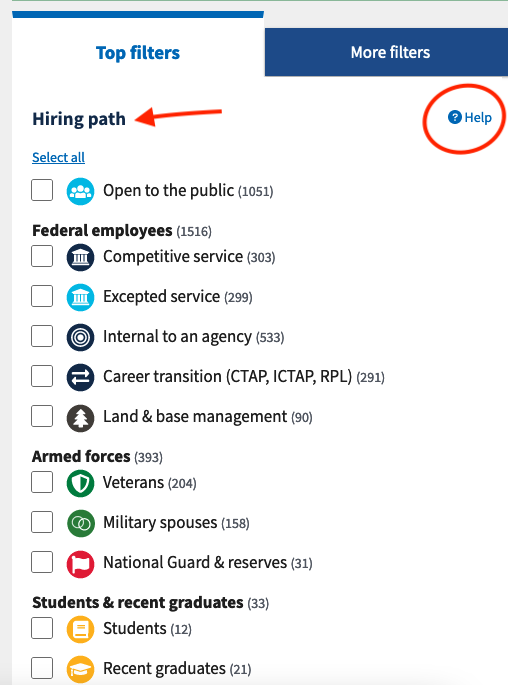 USAjobs screenshot showing Hiring Path and Help menu
