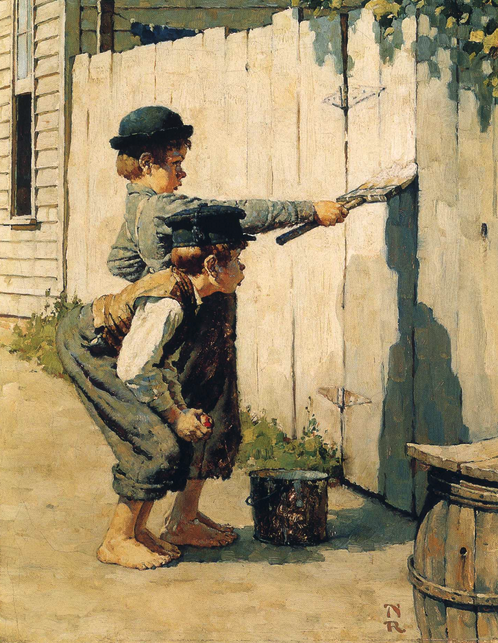 norman rockwell's painting of tom and huck painting the fence