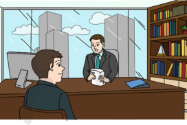 comic style illustration of a job interview between two people in suits