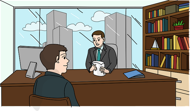 comic style illustration of a job interview between two people in suits