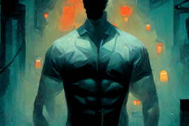 abstract illustration of a muscular person in a dark setting looking out at bright orange lights in the distance