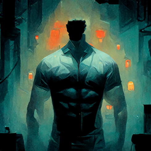 abstract illustration of a muscular person in a dark setting looking out at bright orange lights in the distance