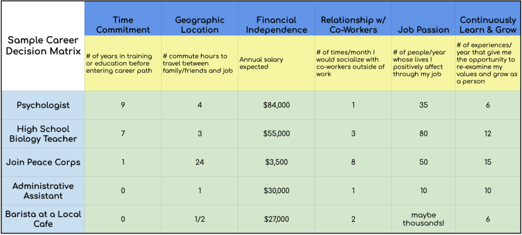 an example of a career decision matrix table filled out