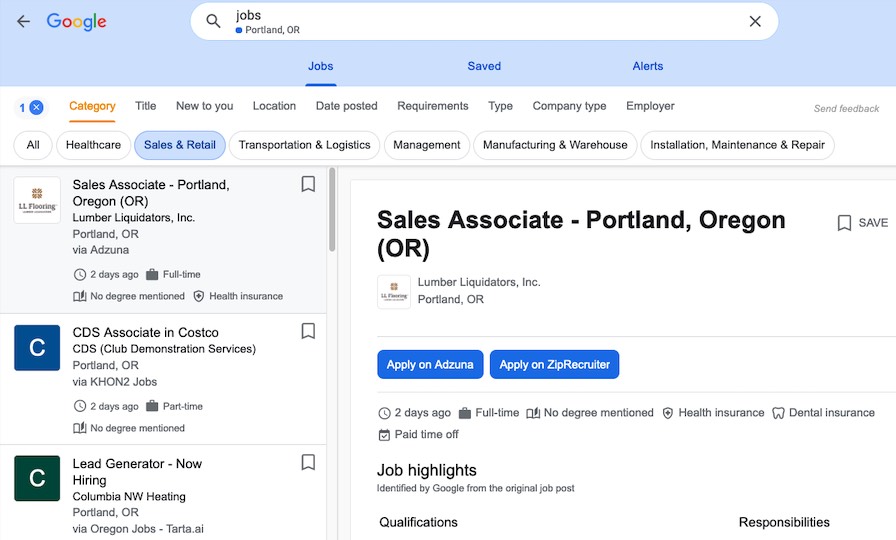 google job search for portland, oregon with job titles and categories
