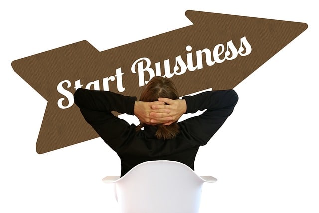 Should you be self-employed? A person sitting in a stylish office chair in front of an arrow-shaped banner that reads "Start Business."