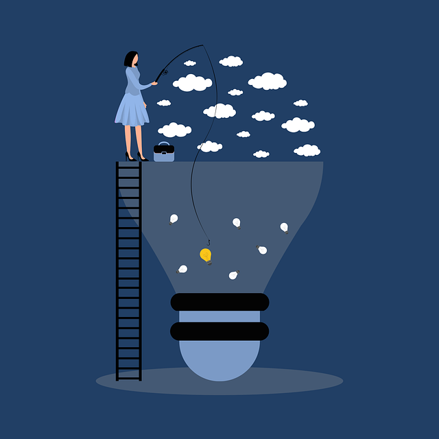 Brainstorming business ideas visualized as a woman fishing through a giant lightbulb filled with clouds to find a lit lightbulb
