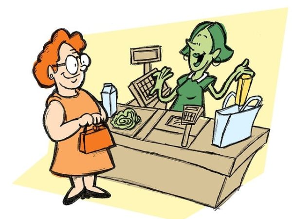 cartoon of a grocery checkout line