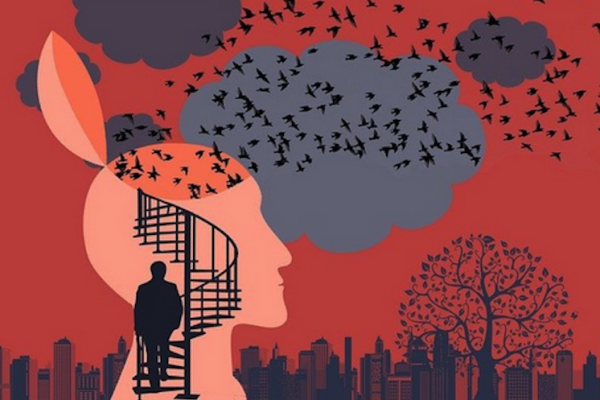 abstract image of a giant head with birds flying out of it, and a person walking up a spiral staircase toward the mind