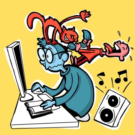 cartoon person at computer being distracted by the cat, kids, loud music playing, etc