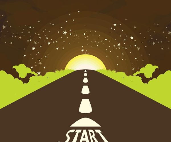 illustration of a road leading to a sunset and stars, with the word 